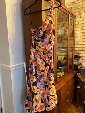 One-Shoulder Floral Midi Dress in Black with Orange & Purple Blooms